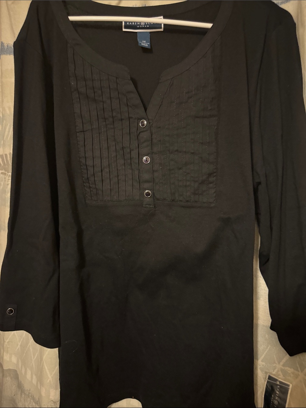 Karen Scott Black Long-Sleeve Henley with Pintuck Front